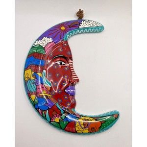 Clay Mexican Folk Art Talavera Moon Wall Hanging Hand Painted 7 Inches Used